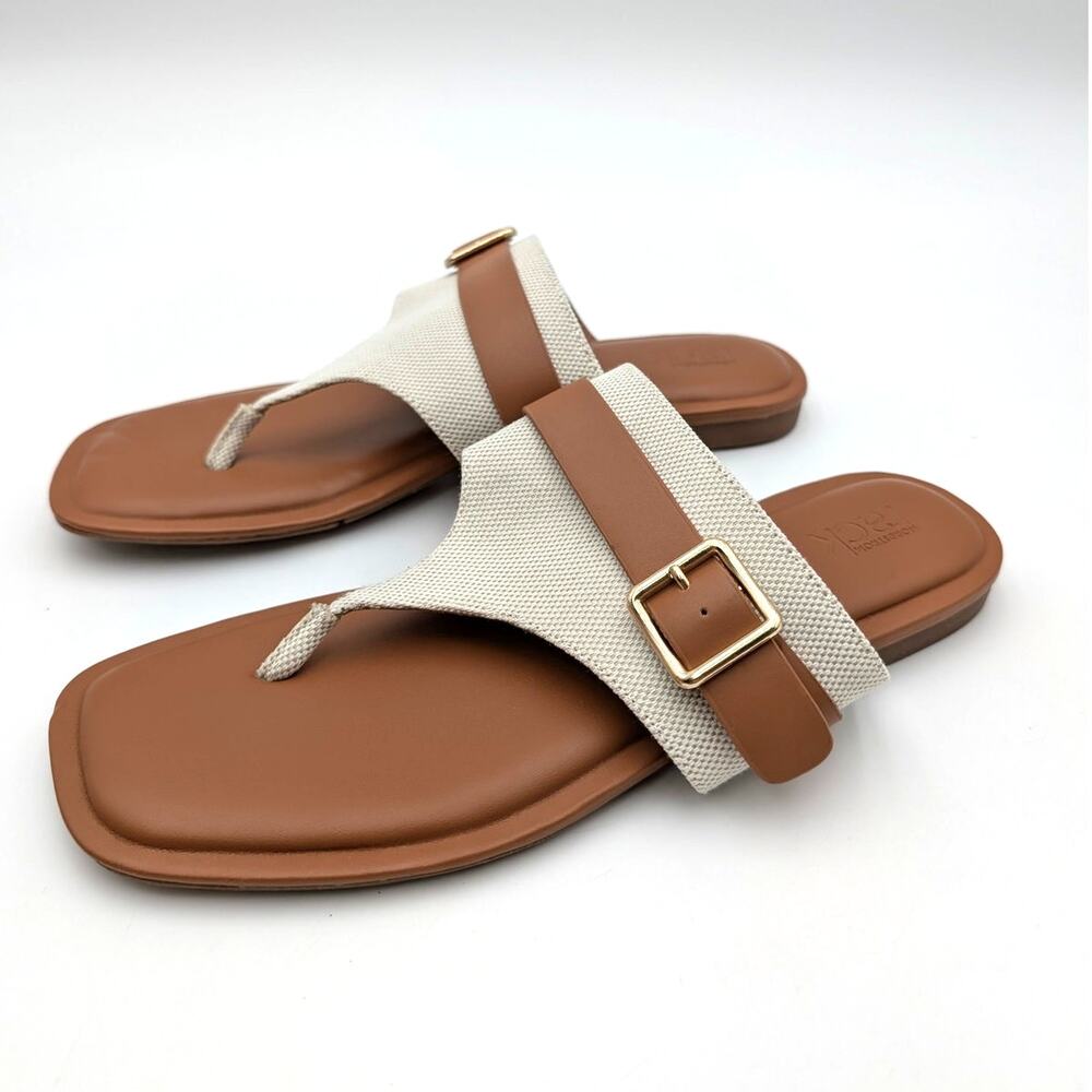 Nordstrom Rack Casen T-Strap Flat Sandals Women's Ivory/Cognac Sz US9M EU39